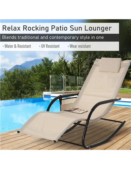 Outsunny 2PCs Outdoor Garden Rocking Chair, Patio Sun Lounger Rocker Chair with Breathable Mesh Fabric, Removable Headrest Pillo