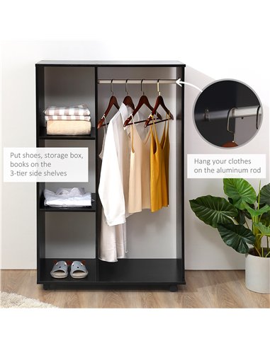 HOMCOM Open Wardrobe on Wheels, Bedroom Wardrobe with Clothes Hanging Rail, 3 Storage Shelves, Mobile Garment Rack for Cloakroom