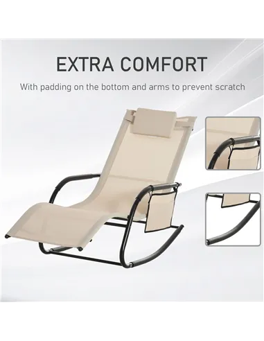 Outsunny 2PCs Outdoor Garden Rocking Chair, Patio Sun Lounger Rocker Chair with Breathable Mesh Fabric, Removable Headrest Pillo