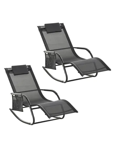 Outsunny 2PCs Outdoor Garden Rocking Chair, Patio Sun Lounger Rocker Chair with Breathable Mesh Fabric, Removable Headrest Pillo