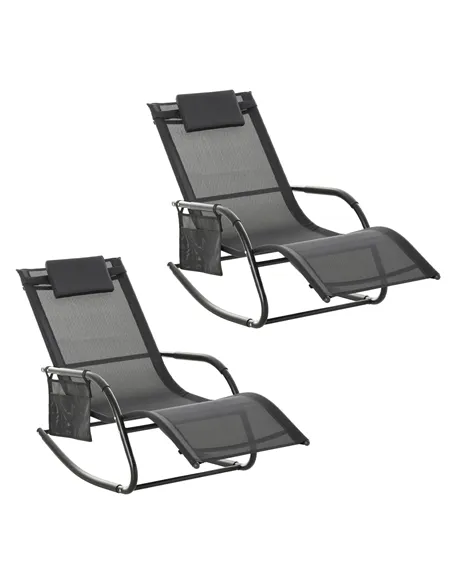 Outsunny 2PCs Outdoor Garden Rocking Chair, Patio Sun Lounger Rocker Chair with Breathable Mesh Fabric, Removable Headrest Pillo