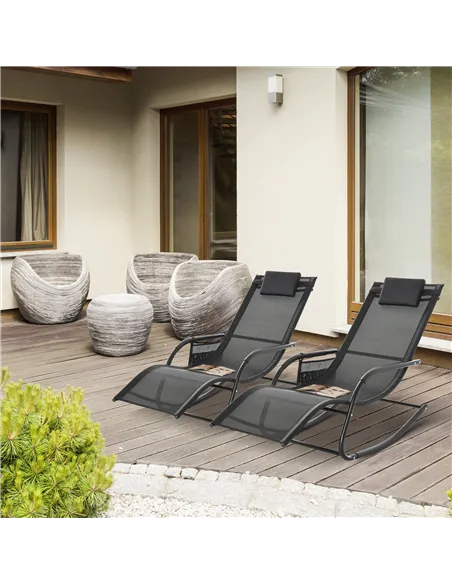 Outsunny 2PCs Outdoor Garden Rocking Chair, Patio Sun Lounger Rocker Chair with Breathable Mesh Fabric, Removable Headrest Pillo