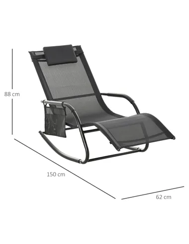 Outsunny 2PCs Outdoor Garden Rocking Chair, Patio Sun Lounger Rocker Chair with Breathable Mesh Fabric, Removable Headrest Pillo