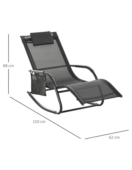 Outsunny 2PCs Outdoor Garden Rocking Chair, Patio Sun Lounger Rocker Chair with Breathable Mesh Fabric, Removable Headrest Pillo