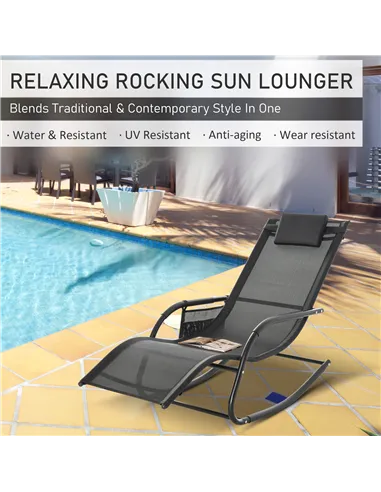 Outsunny 2PCs Outdoor Garden Rocking Chair, Patio Sun Lounger Rocker Chair with Breathable Mesh Fabric, Removable Headrest Pillo