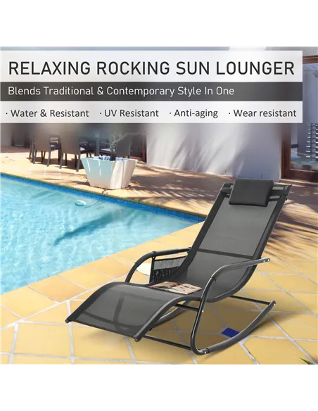 Outsunny 2PCs Outdoor Garden Rocking Chair, Patio Sun Lounger Rocker Chair with Breathable Mesh Fabric, Removable Headrest Pillo