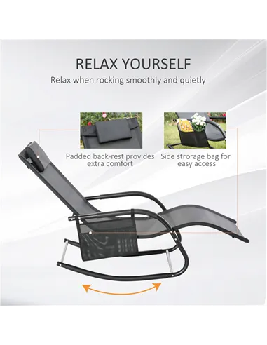 Outsunny 2PCs Outdoor Garden Rocking Chair, Patio Sun Lounger Rocker Chair with Breathable Mesh Fabric, Removable Headrest Pillo