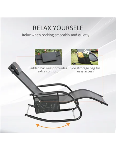 Outsunny 2PCs Outdoor Garden Rocking Chair, Patio Sun Lounger Rocker Chair with Breathable Mesh Fabric, Removable Headrest Pillo