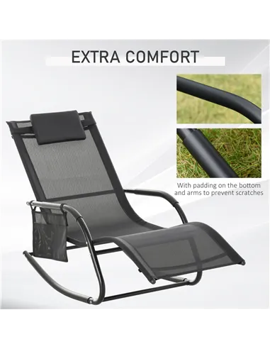 Outsunny 2PCs Outdoor Garden Rocking Chair, Patio Sun Lounger Rocker Chair with Breathable Mesh Fabric, Removable Headrest Pillo