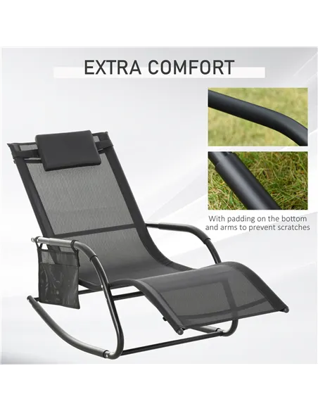 Outsunny 2PCs Outdoor Garden Rocking Chair, Patio Sun Lounger Rocker Chair with Breathable Mesh Fabric, Removable Headrest Pillo