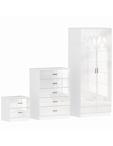 HOMCOM High Gloss 3 Piece Trio Bedroom Furniture Set Wardrobe + Chest Of Drawer + Bedside White