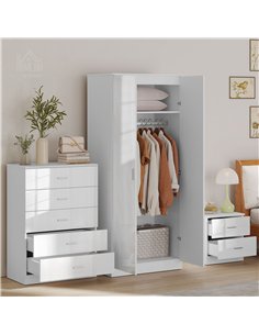 HOMCOM High Gloss 3 Piece Trio Bedroom Furniture Set Wardrobe + Chest Of Drawer + Bedside White 2