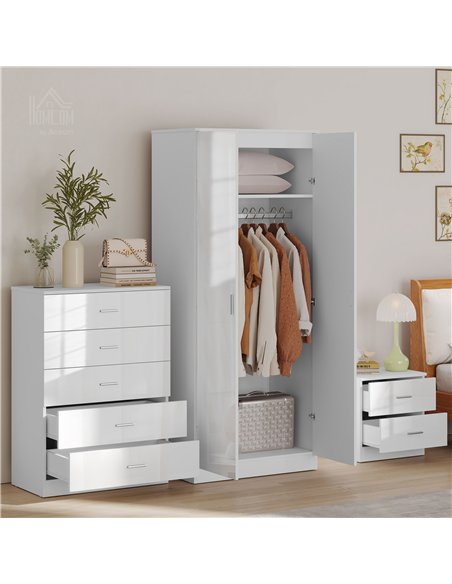 HOMCOM High Gloss 3 Piece Trio Bedroom Furniture Set Wardrobe + Chest Of Drawer + Bedside White