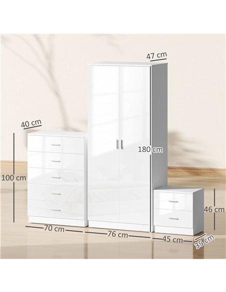 HOMCOM High Gloss 3 Piece Trio Bedroom Furniture Set Wardrobe + Chest Of Drawer + Bedside White