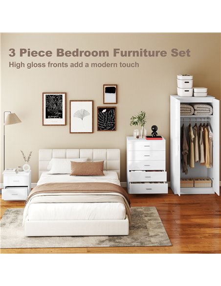 HOMCOM High Gloss 3 Piece Trio Bedroom Furniture Set Wardrobe + Chest Of Drawer + Bedside White