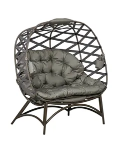 Outsunny 2 Seater Egg Chair Outdoor, Folding Weave Garden Furniture Chair with Cushion, Cup Pockets - Sand Brown