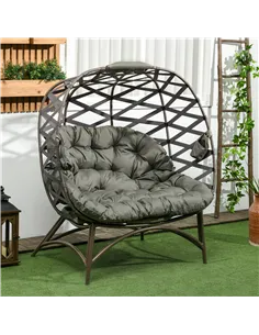 Outsunny 2 Seater Egg Chair Outdoor, Folding Weave Garden Furniture Chair with Cushion, Cup Pockets - Sand Brown 2