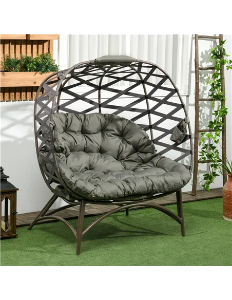 Outsunny 2 Seater Egg Chair Outdoor, Folding Weave Garden Furniture Chair with Cushion, Cup Pockets - Sand Brown