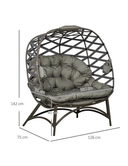 Outsunny 2 Seater Egg Chair Outdoor, Folding Weave Garden Furniture Chair with Cushion, Cup Pockets - Sand Brown