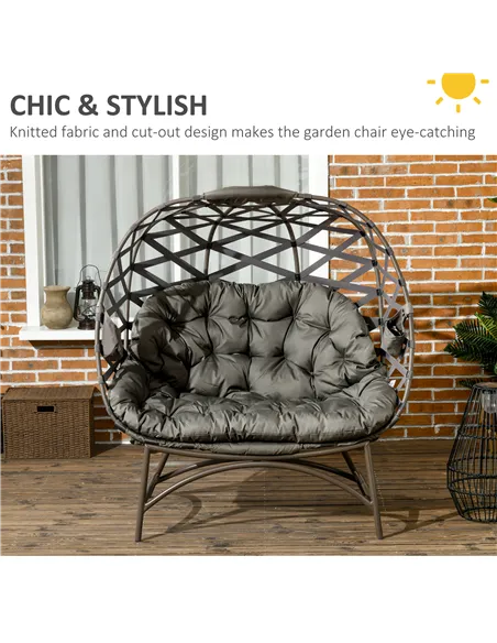 Outsunny 2 Seater Egg Chair Outdoor, Folding Weave Garden Furniture Chair with Cushion, Cup Pockets - Sand Brown