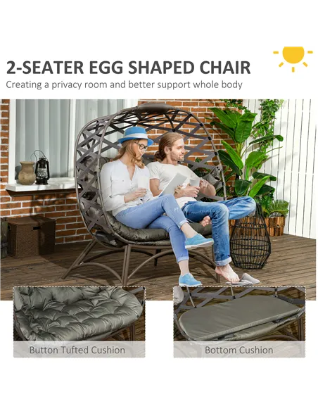 Outsunny 2 Seater Egg Chair Outdoor, Folding Weave Garden Furniture Chair with Cushion, Cup Pockets - Sand Brown