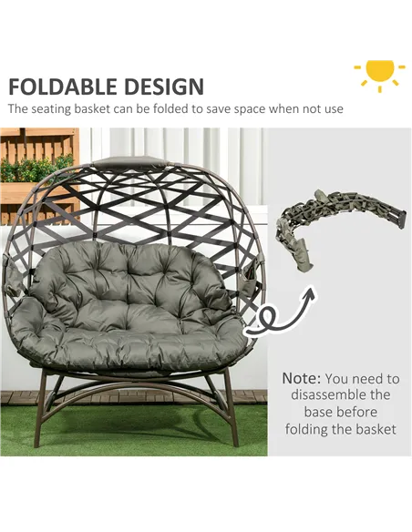 Outsunny 2 Seater Egg Chair Outdoor, Folding Weave Garden Furniture Chair with Cushion, Cup Pockets - Sand Brown