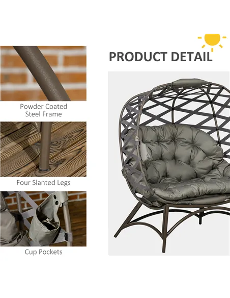 Outsunny 2 Seater Egg Chair Outdoor, Folding Weave Garden Furniture Chair with Cushion, Cup Pockets - Sand Brown