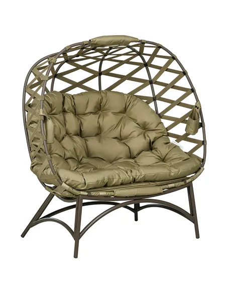 Outsunny 2 Seater Egg Chair Outdoor, Folding Weave Garden Furniture Chair with Cushion, Cup Pockets - Khaki