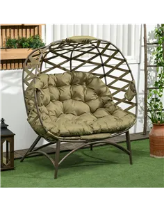 Outsunny 2 Seater Egg Chair Outdoor, Folding Weave Garden Furniture Chair with Cushion, Cup Pockets - Khaki 2