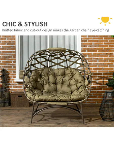 Outsunny 2 Seater Egg Chair Outdoor, Folding Weave Garden Furniture Chair with Cushion, Cup Pockets - Khaki