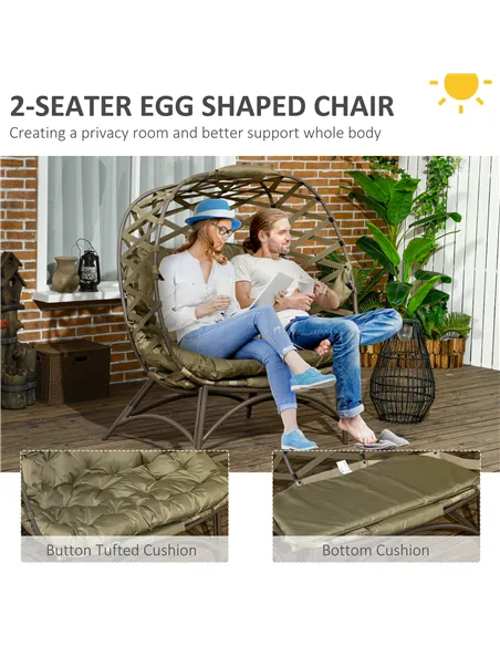 Outsunny 2 Seater Egg Chair Outdoor, Folding Weave Garden Furniture Chair with Cushion, Cup Pockets - Khaki