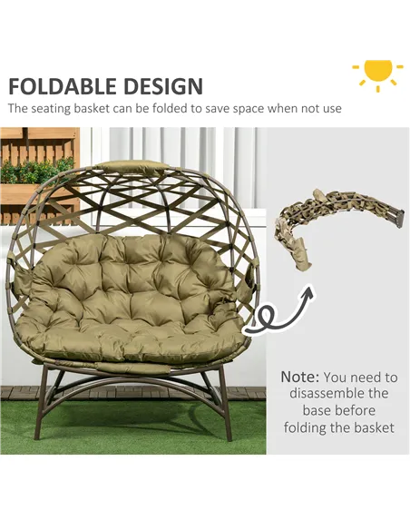 Outsunny 2 Seater Egg Chair Outdoor, Folding Weave Garden Furniture Chair with Cushion, Cup Pockets - Khaki