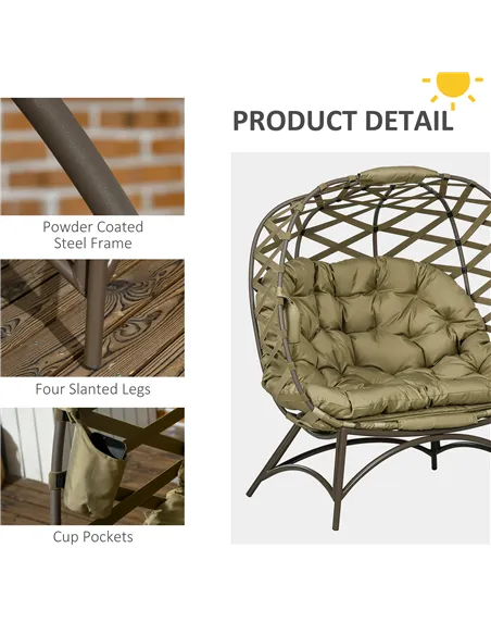 Outsunny 2 Seater Egg Chair Outdoor, Folding Weave Garden Furniture Chair with Cushion, Cup Pockets - Khaki