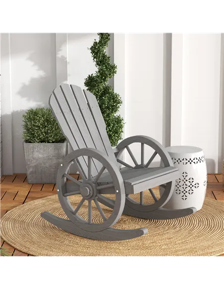Outsunny Wooden Adirondack Rocking Chair Reclining Armchair Outdoor Garden Furniture Patio Porch Rocker - Grey