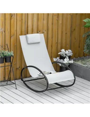 Outsunny Outdoor Rocking Chair Sun Lounger Recliner Rocker with Texteline Fabric Patio Garden Relaxer with Pillow Grey