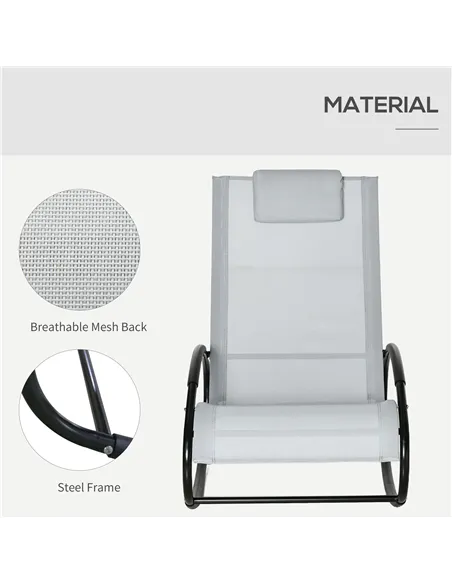 Outsunny Outdoor Rocking Chair Sun Lounger Recliner Rocker with Texteline Fabric Patio Garden Relaxer with Pillow Grey