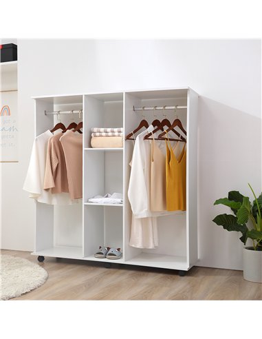 HOMCOM Open Wardrobe Double Mobile Storage Shelves Organizer W/6 Wheels-White