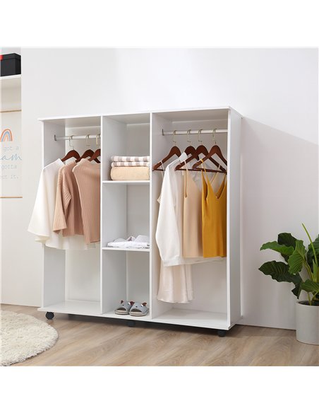HOMCOM Open Wardrobe Double Mobile Storage Shelves Organizer W/6 Wheels-White