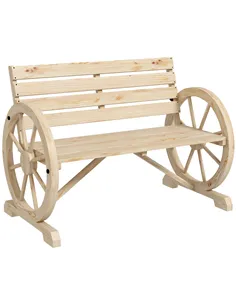 Outsunny Wagon Wheel Chair Bench Armrest Rustic Loveseat Wood Outdoor Garden, Natural