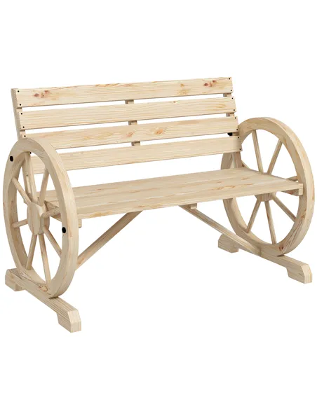 Outsunny Wagon Wheel Chair Bench Armrest Rustic Loveseat Wood Outdoor Garden, Natural
