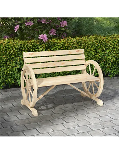 Outsunny Wagon Wheel Chair Bench Armrest Rustic Loveseat Wood Outdoor Garden, Natural
