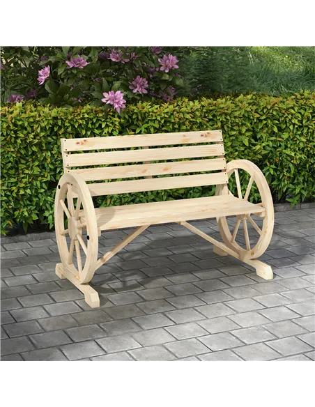 Outsunny Wagon Wheel Chair Bench Armrest Rustic Loveseat Wood Outdoor Garden, Natural