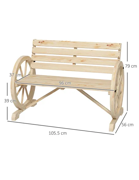 Outsunny Wagon Wheel Chair Bench Armrest Rustic Loveseat Wood Outdoor Garden, Natural
