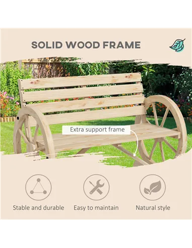 Outsunny Wagon Wheel Chair Bench Armrest Rustic Loveseat Wood Outdoor Garden, Natural