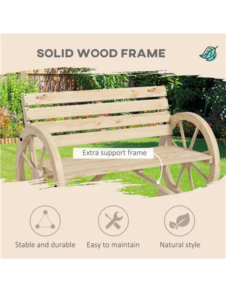 Outsunny Wagon Wheel Chair Bench Armrest Rustic Loveseat Wood Outdoor Garden, Natural