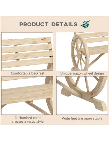 Outsunny Wagon Wheel Chair Bench Armrest Rustic Loveseat Wood Outdoor Garden, Natural