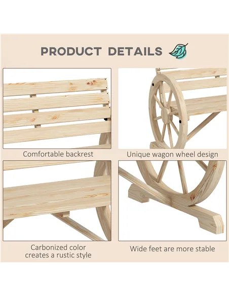 Outsunny Wagon Wheel Chair Bench Armrest Rustic Loveseat Wood Outdoor Garden, Natural