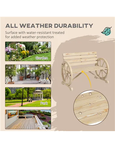 Outsunny Wagon Wheel Chair Bench Armrest Rustic Loveseat Wood Outdoor Garden, Natural