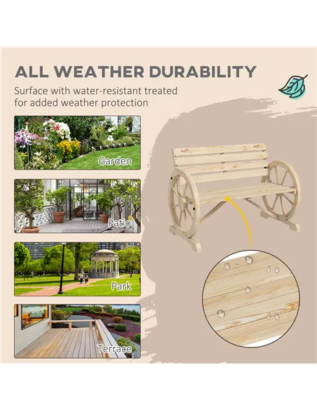 Outsunny Wagon Wheel Chair Bench Armrest Rustic Loveseat Wood Outdoor Garden, Natural