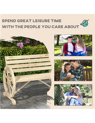 Outsunny Wagon Wheel Chair Bench Armrest Rustic Loveseat Wood Outdoor Garden, Natural